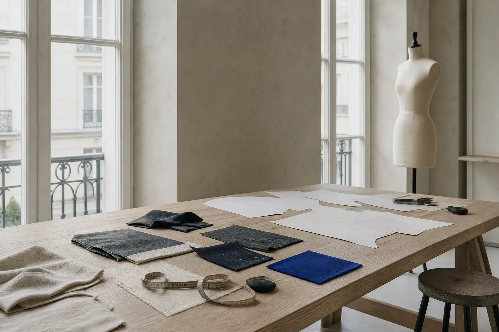 Fabric swatches, a tape measure and pattern pieces on a long oak table