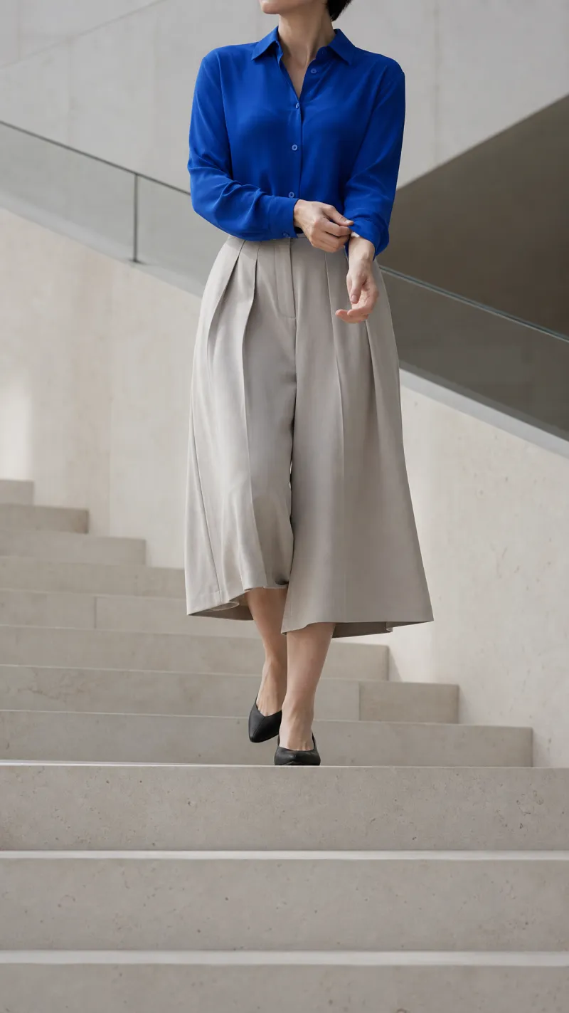 Cobalt shirt and stone culottes on the stairs
