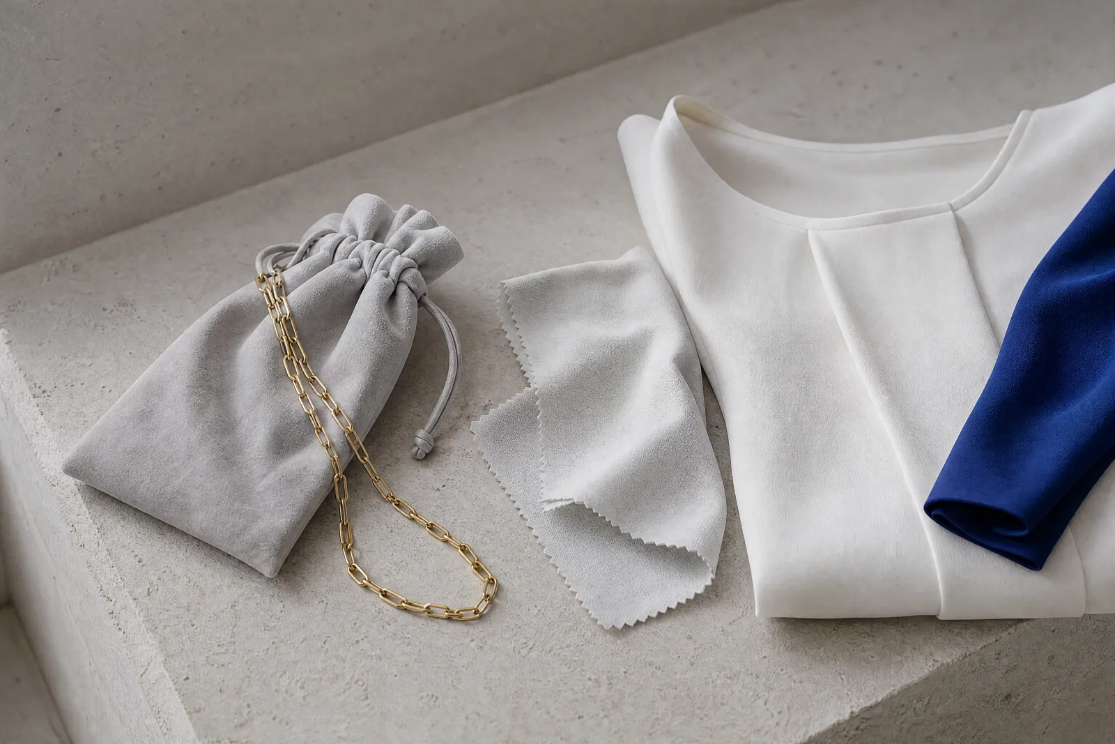 A jewellery pouch, a chain, a cloth and a folded crepe blouse