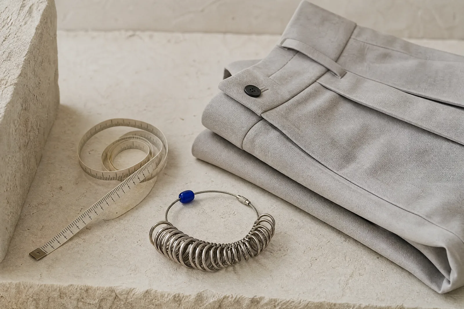 A cloth tape measure beside folded culottes and a ring sizer