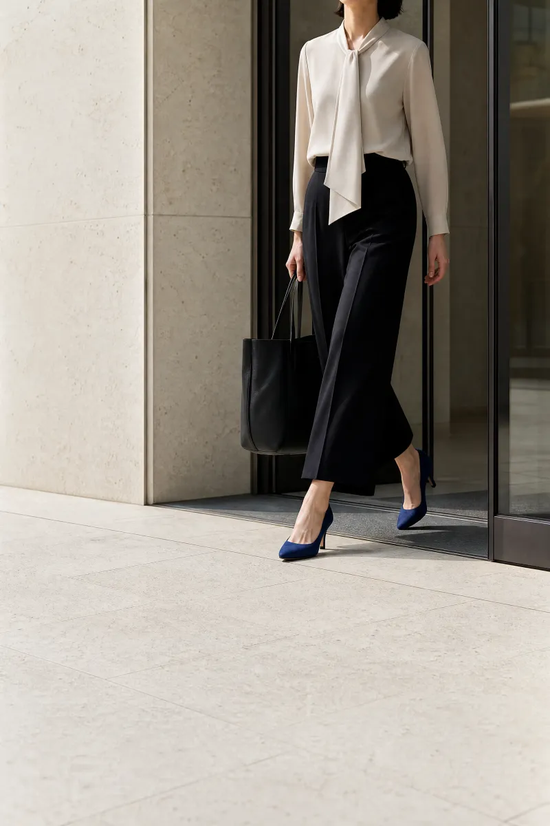 Tie-neck blouse and culottes at the lobby doors