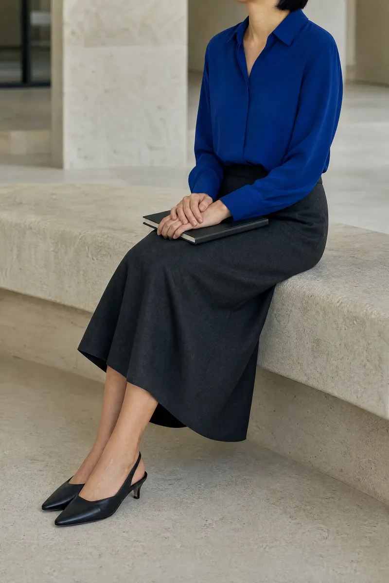 Cobalt shirt and charcoal midi skirt, seated