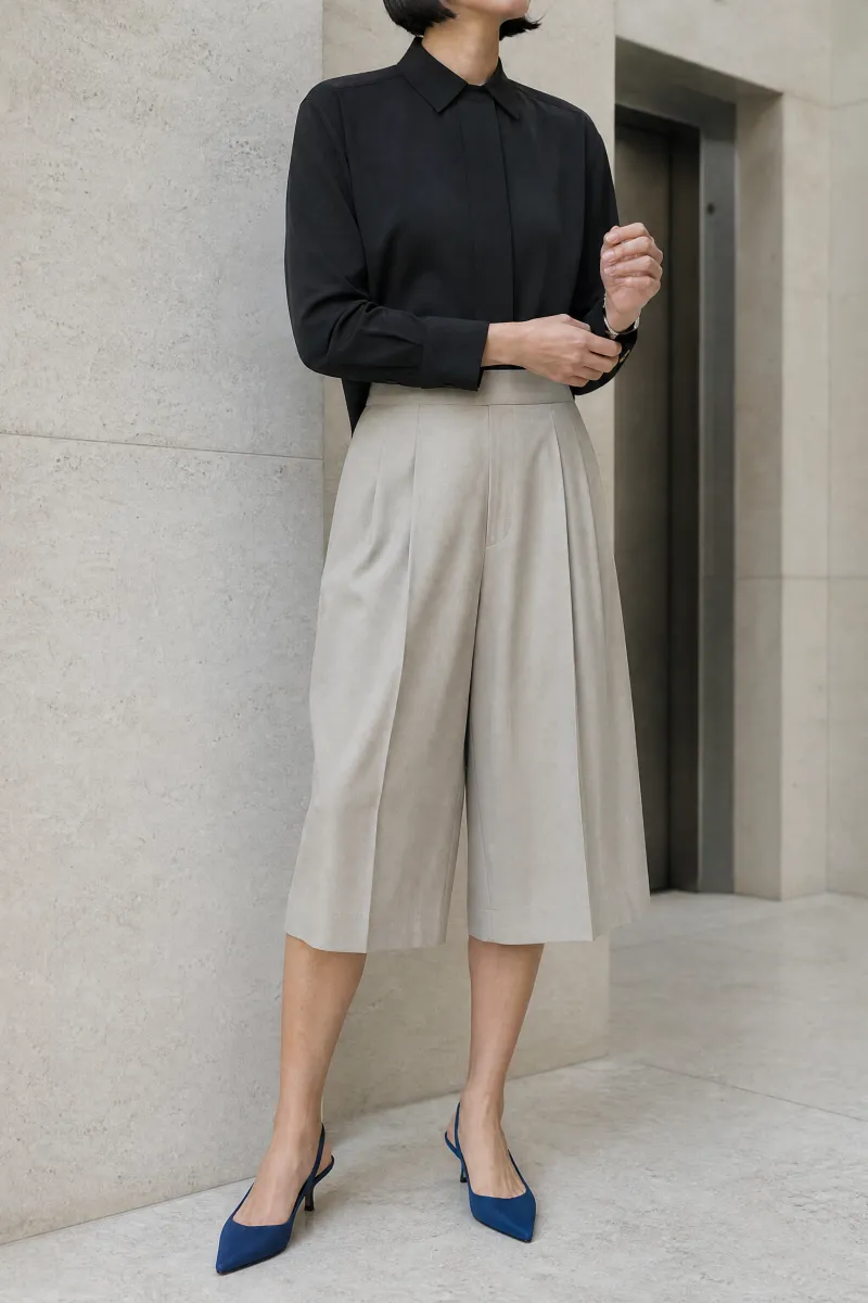 Black crepe shirt and stone culottes