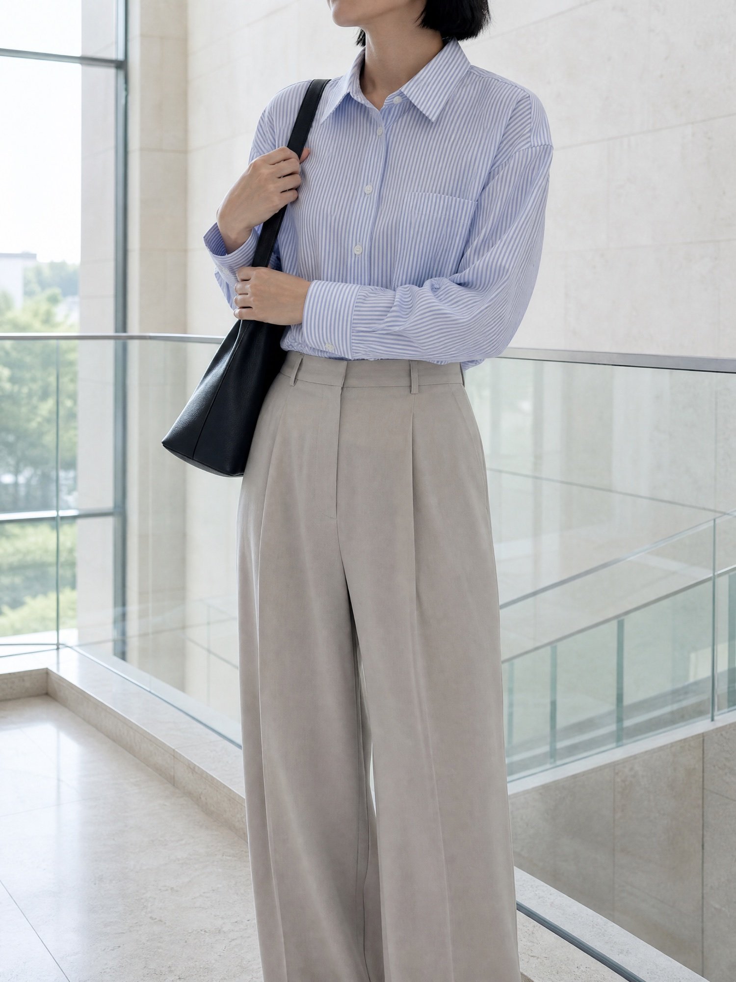 The Relaxed Poplin Shirt in Pale Blue Stripe, worn on model