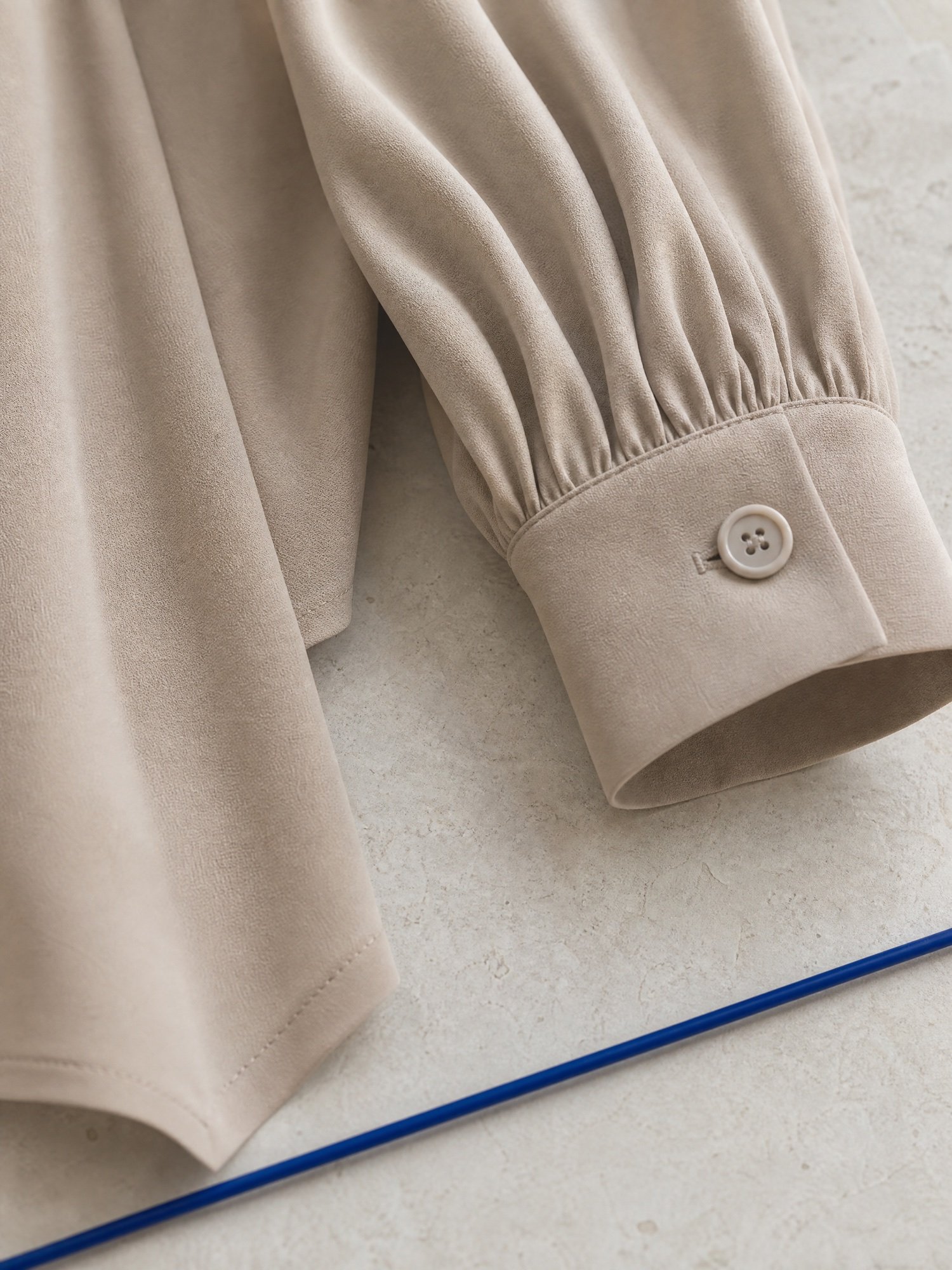 Tie-Neck Crepe Blouse in Stone, close-up detail