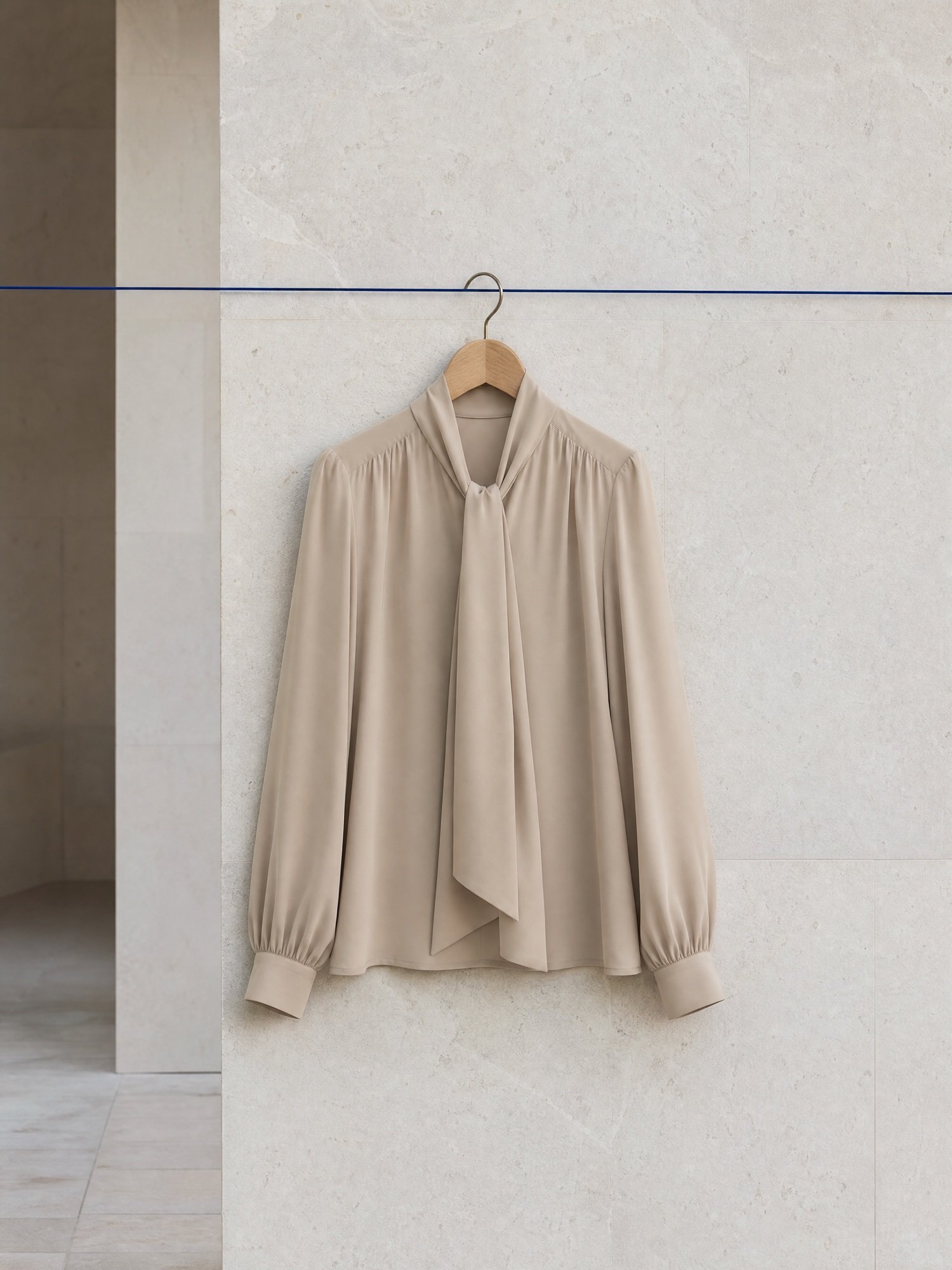 Tie-Neck Crepe Blouse in Stone, product photo
