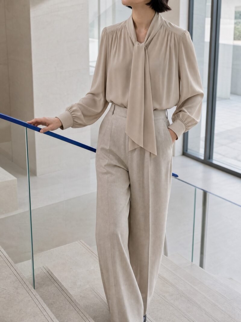Tie-Neck Crepe Blouse in Stone, worn on model