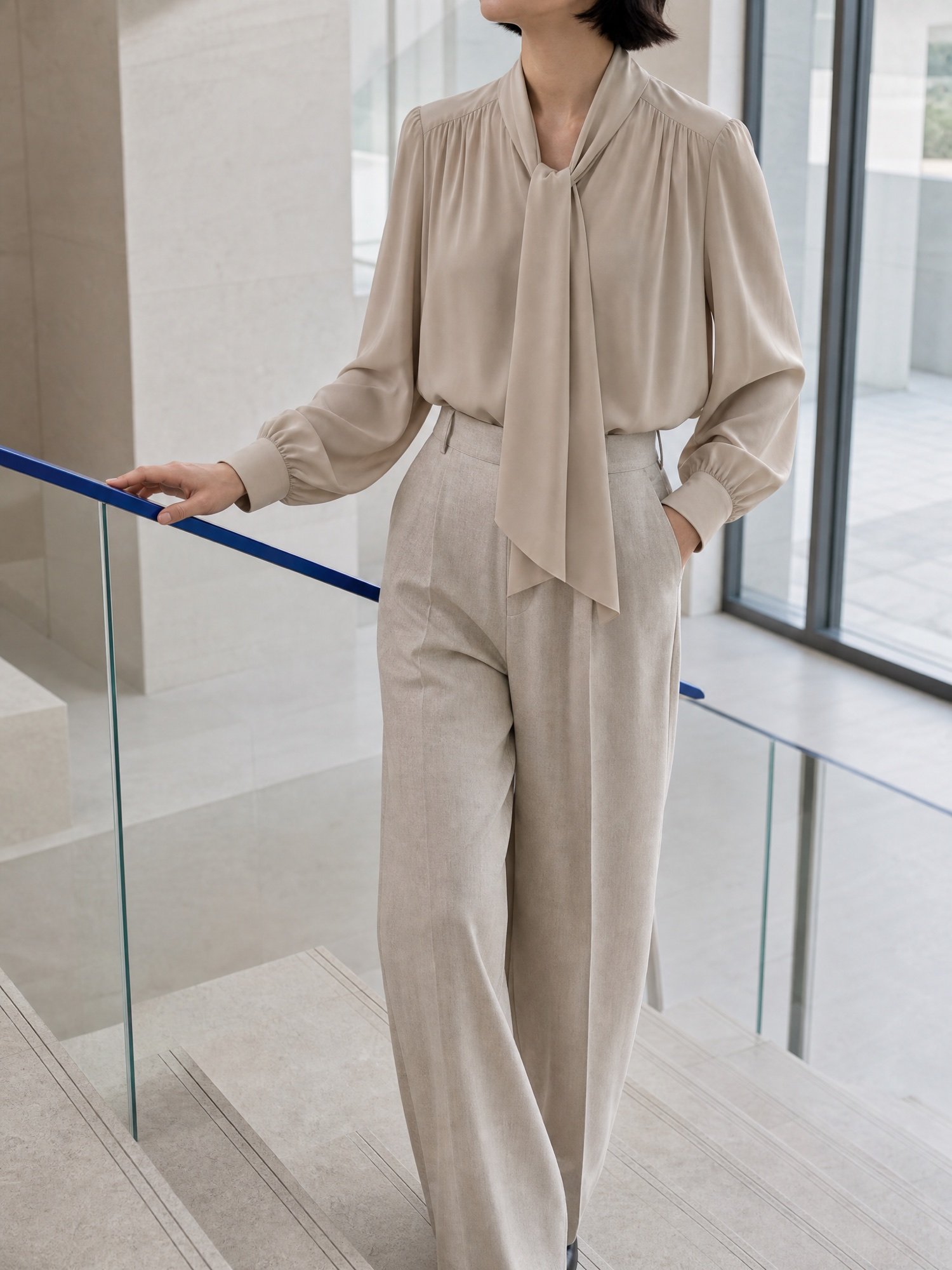 Tie-Neck Crepe Blouse in Stone, worn on model
