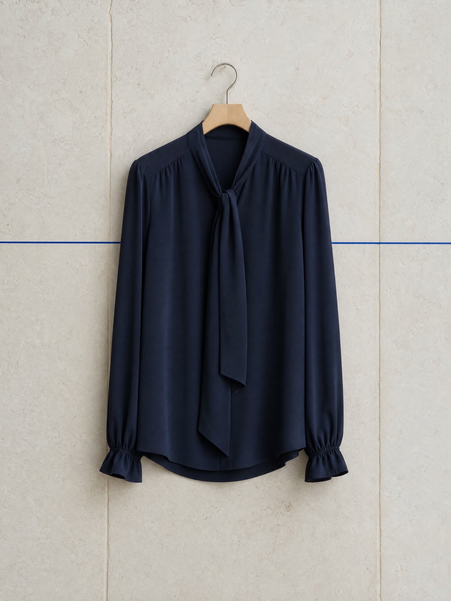 Tie-Neck Crepe Blouse in Navy, product photo