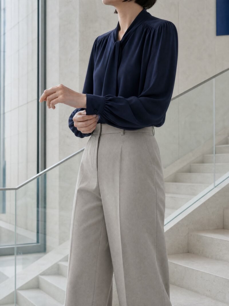 Tie-Neck Crepe Blouse in Navy, worn on model