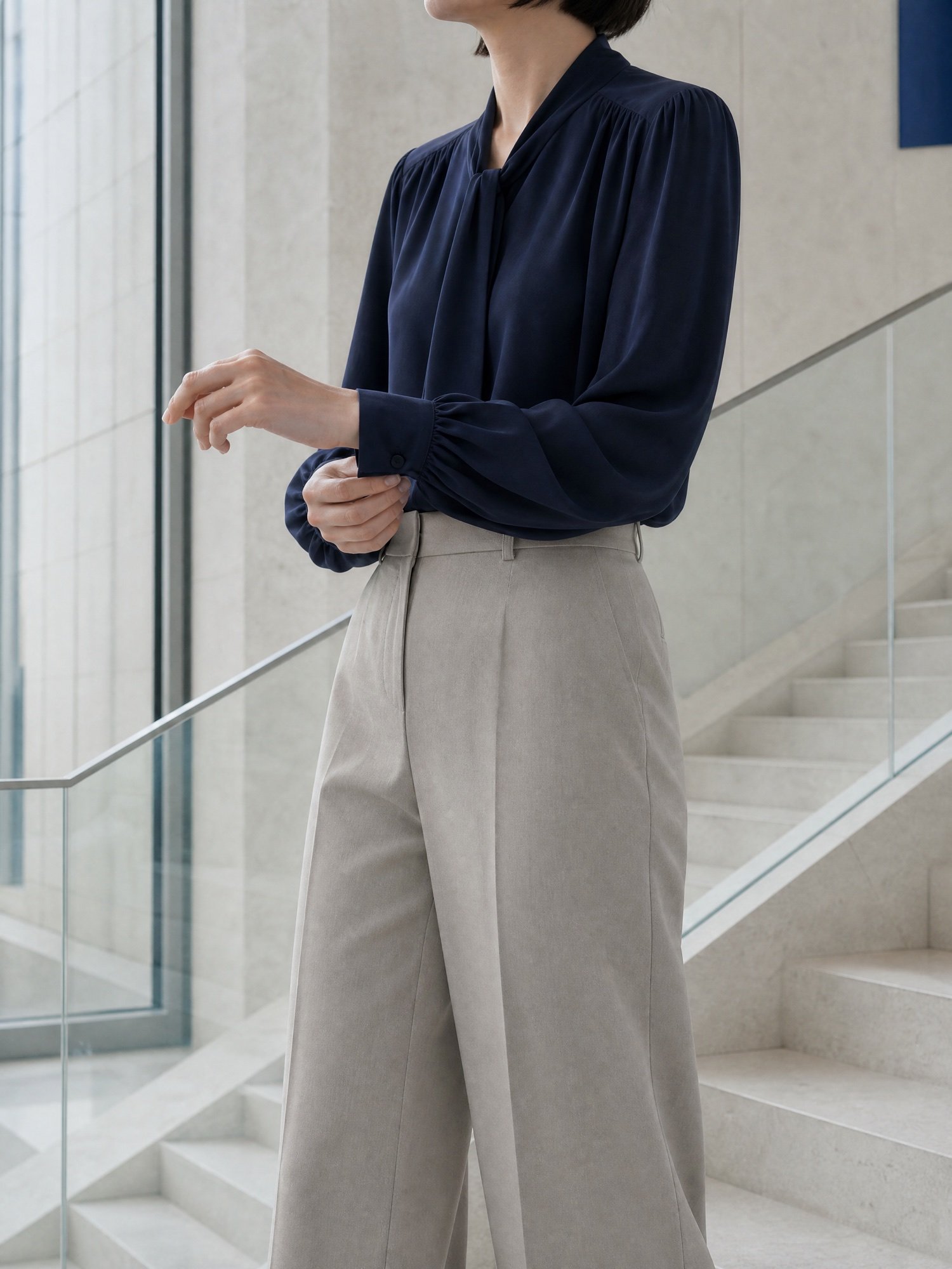 Tie-Neck Crepe Blouse in Navy, worn on model