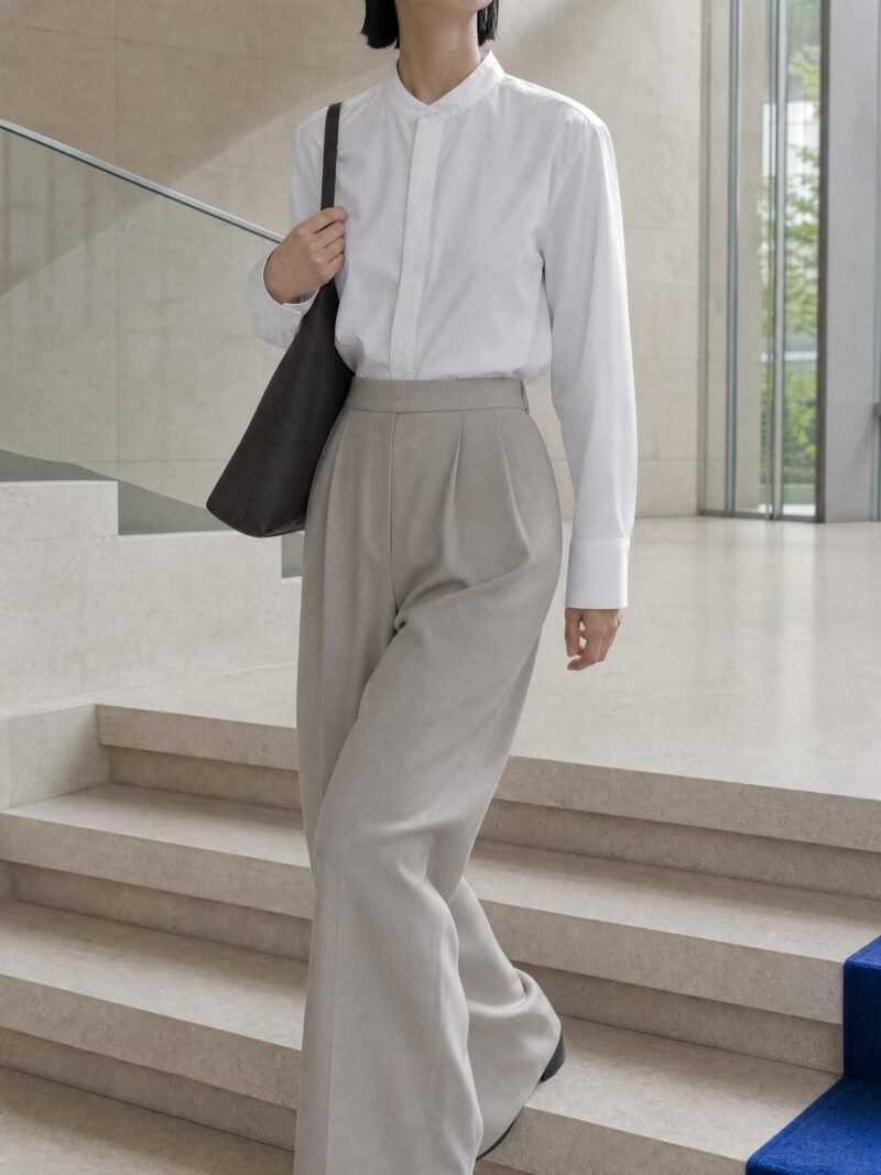 Band-Collar Poplin Shirt in White, worn on model