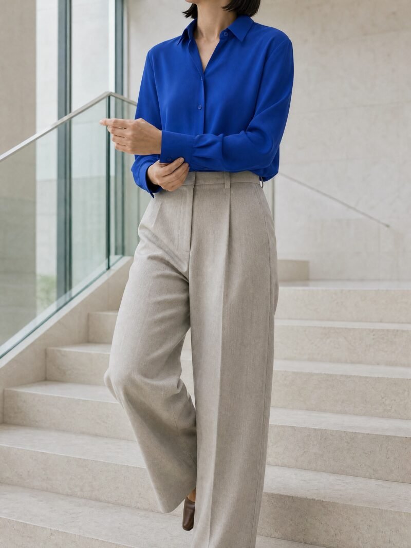 Pleat-Back Crepe Shirt in Cobalt, worn on model