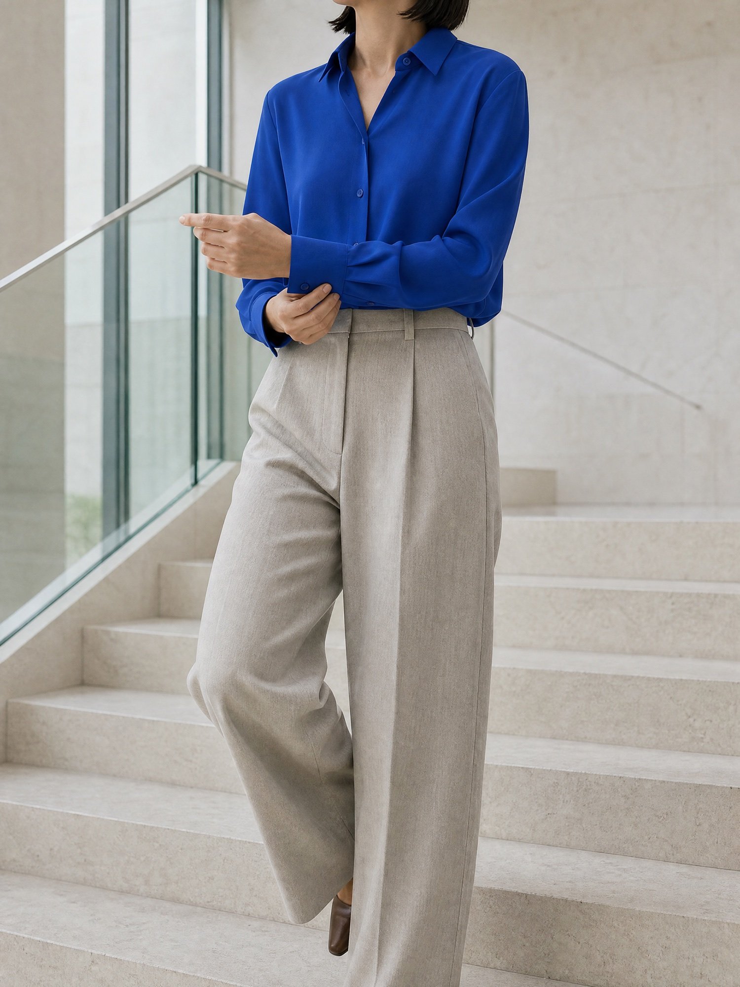 Pleat-Back Crepe Shirt in Cobalt, worn on model