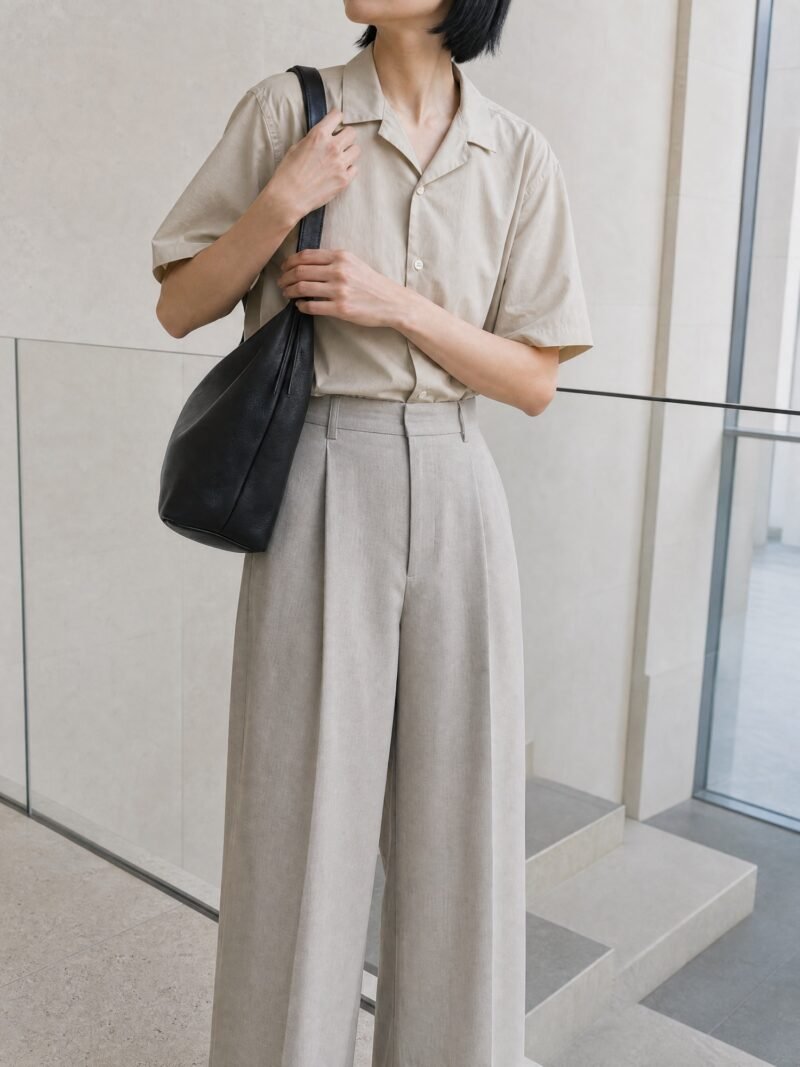 Short-Sleeve Poplin Shirt in Oat, worn on model