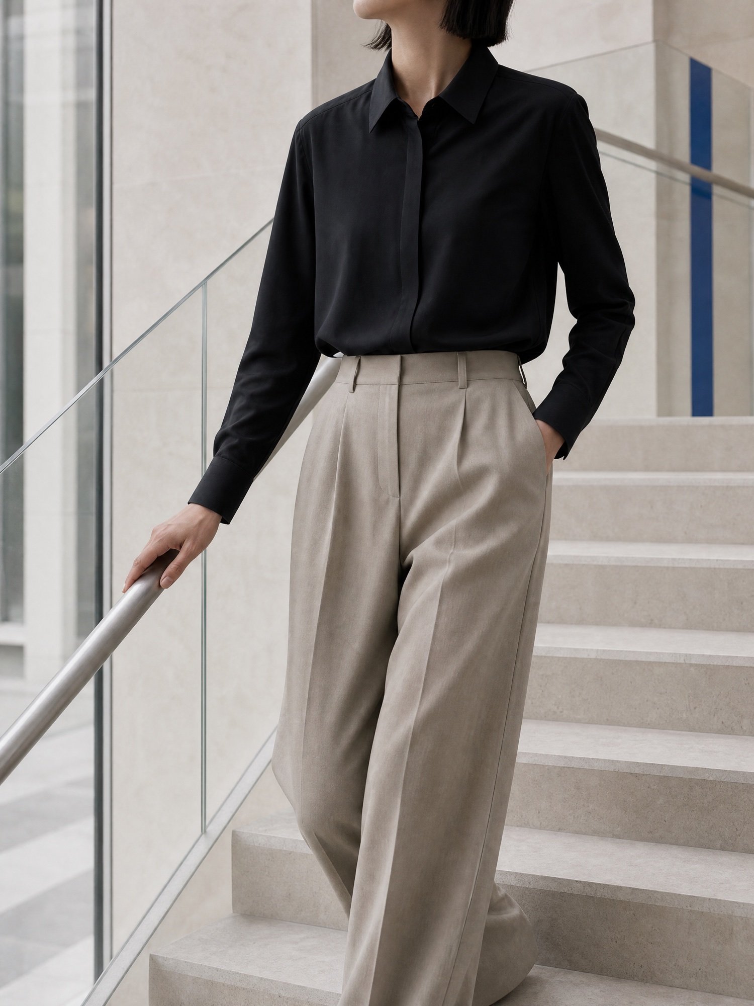 Concealed-Placket Crepe Shirt in Black, worn on model