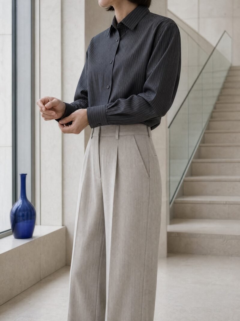 Deep-Cuff Poplin Shirt in Charcoal Pinstripe, worn on model