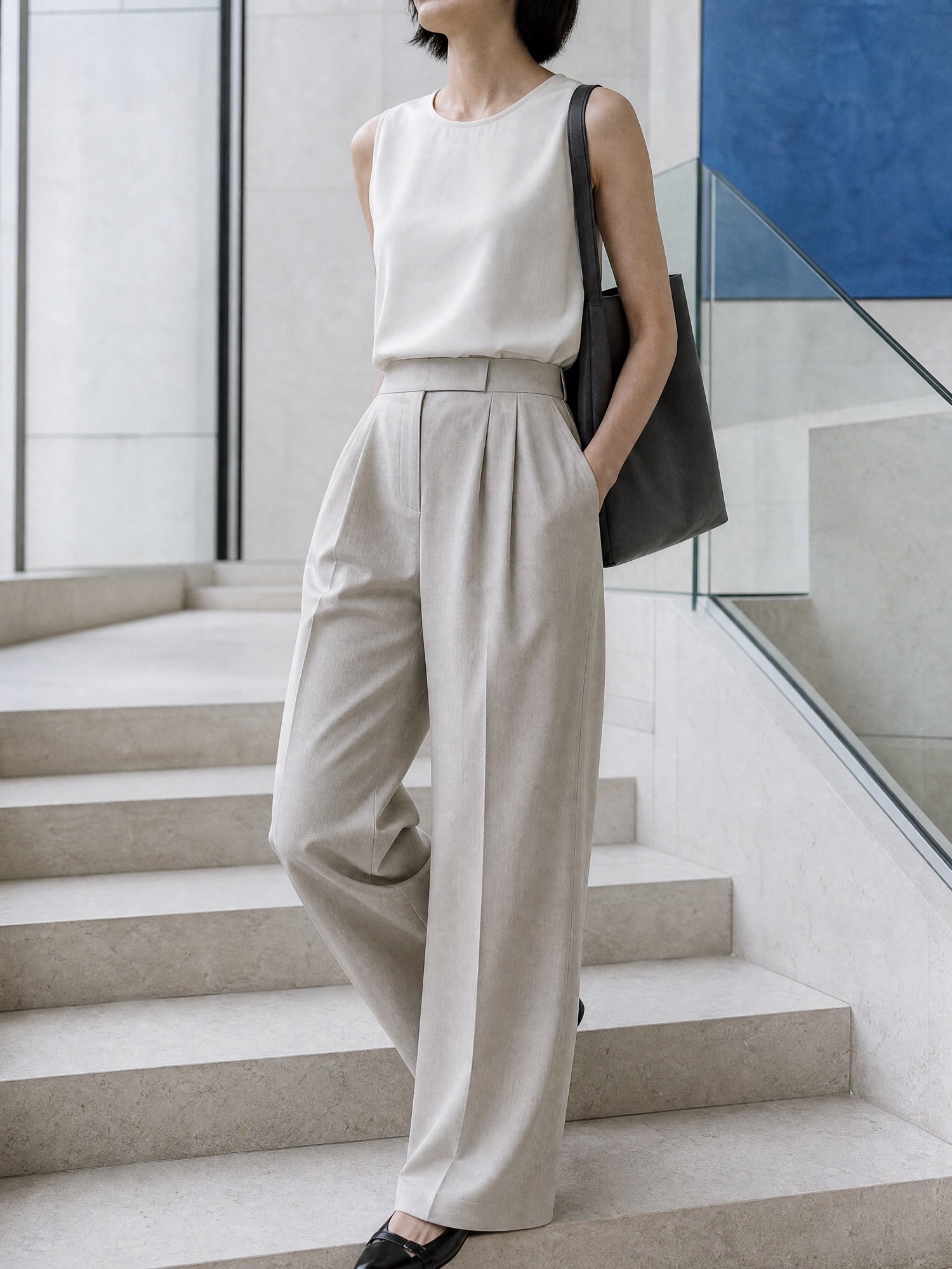 Sleeveless Crepe Shell in Ivory, worn on model