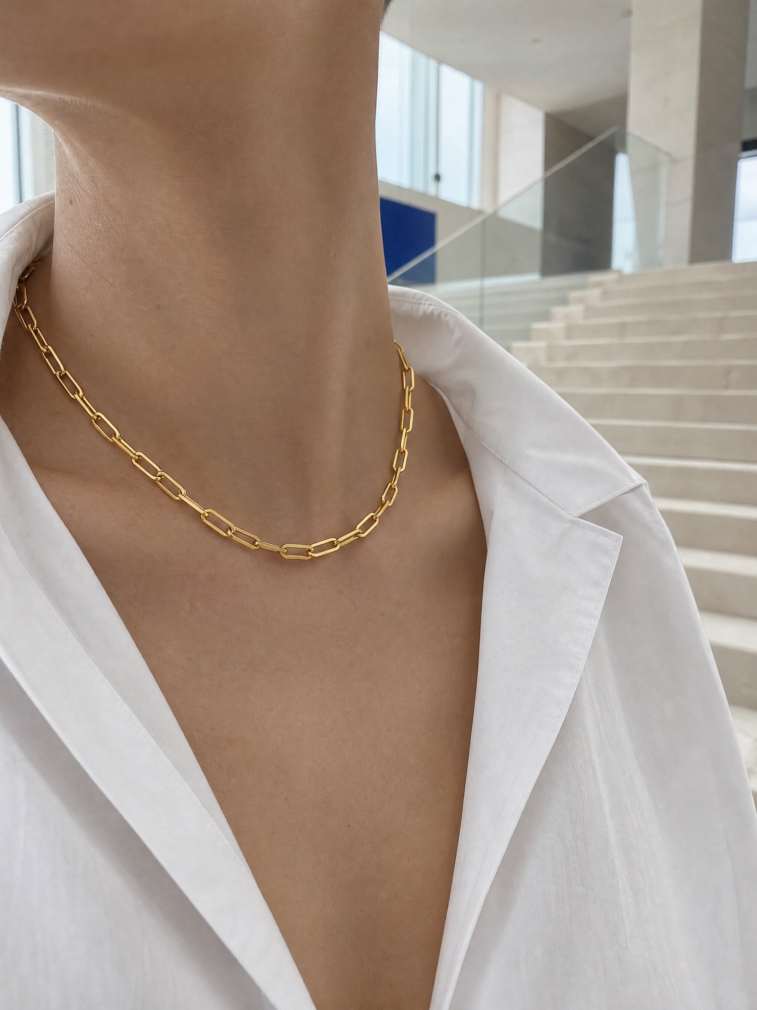 Paperclip Chain Necklace, Gold-Tone, worn