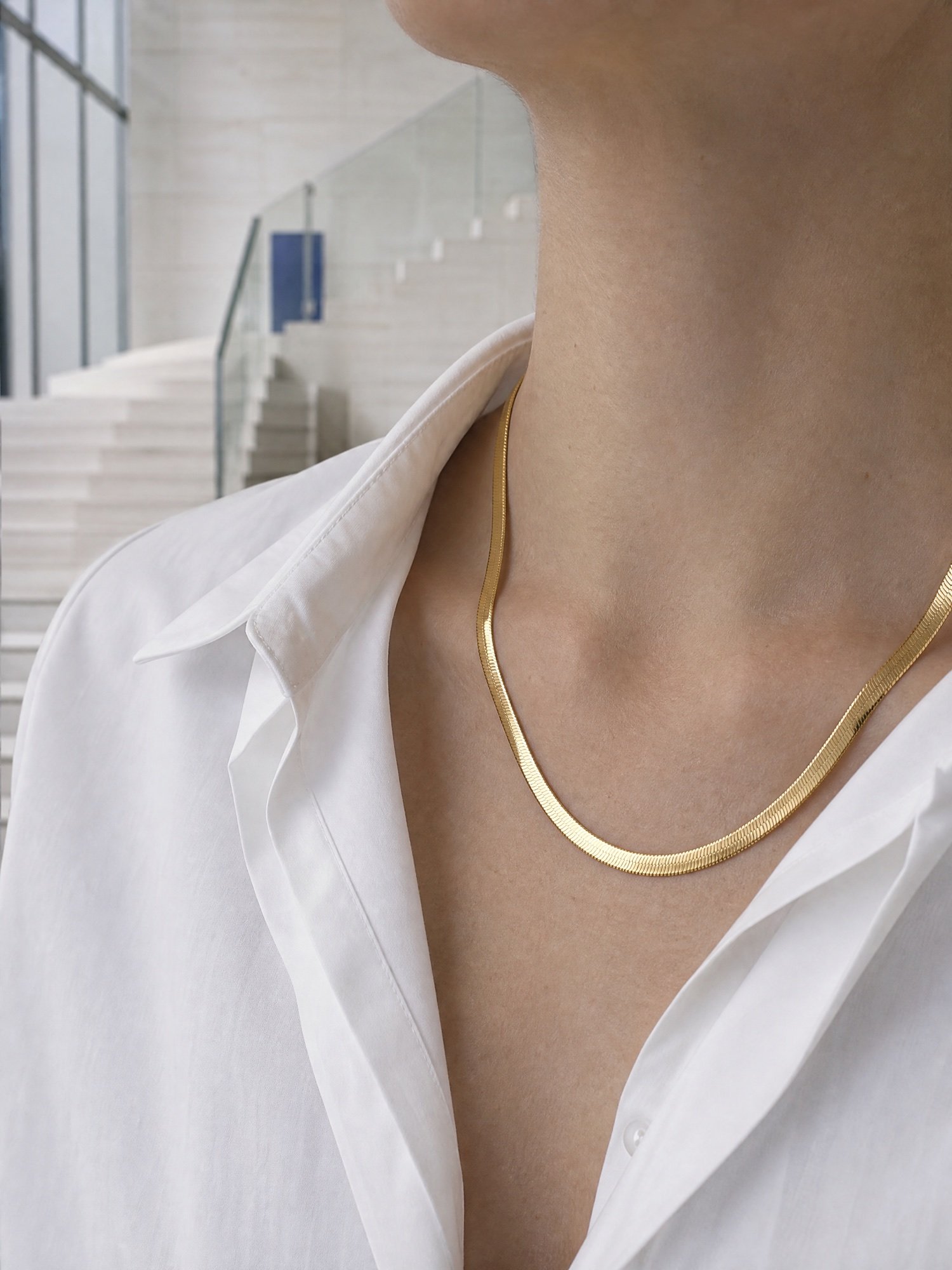 Snake Chain Necklace, Gold-Tone, worn