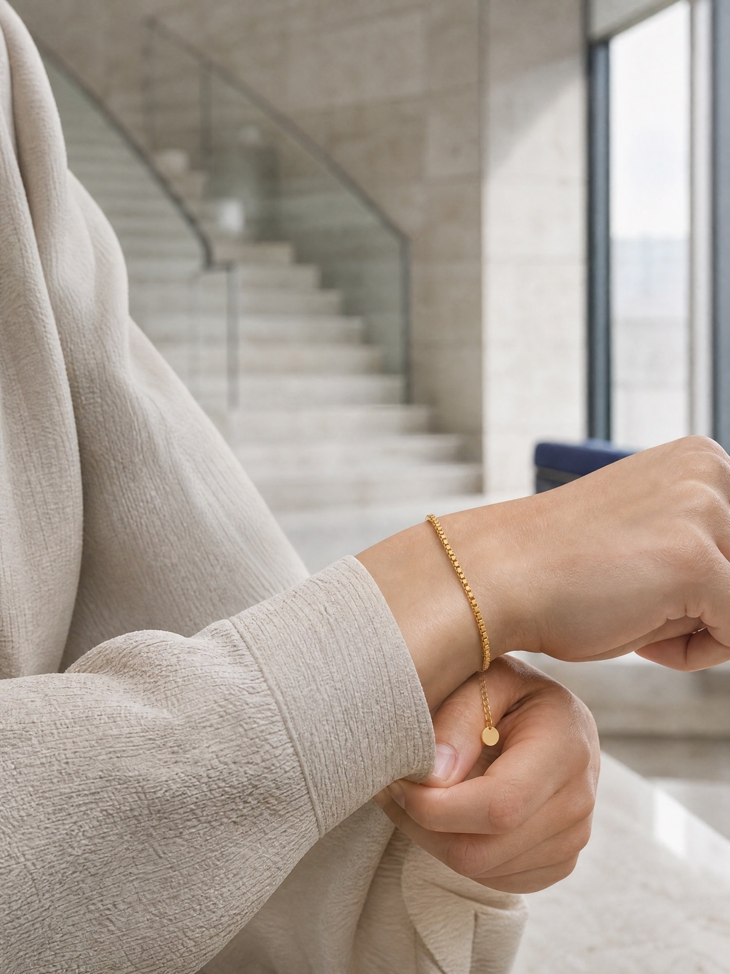 Box Chain Bracelet, Gold-Tone, worn