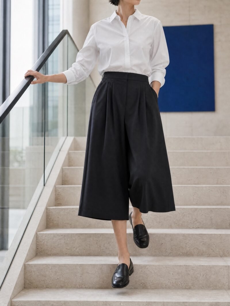 Pleated Wide-Leg Culottes in Black, worn on model