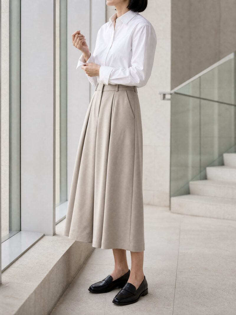 Pleated Wide-Leg Culottes in Stone, worn on model