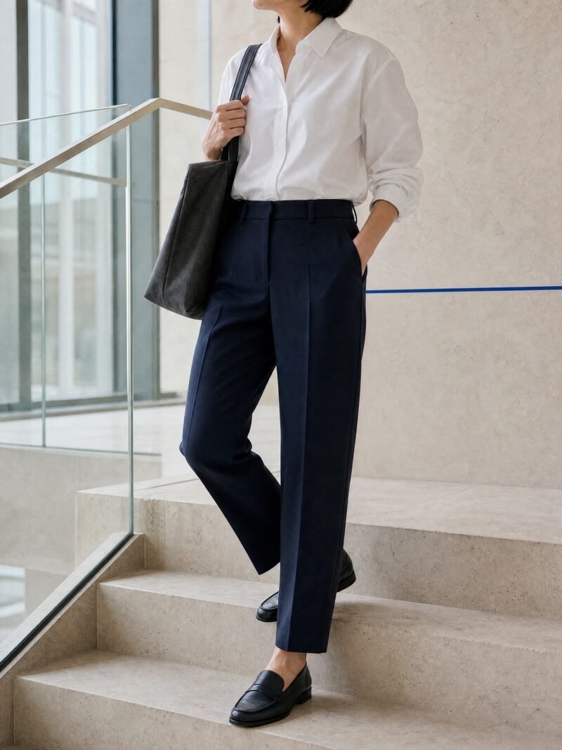 Straight Cropped Trousers in Navy, worn on model