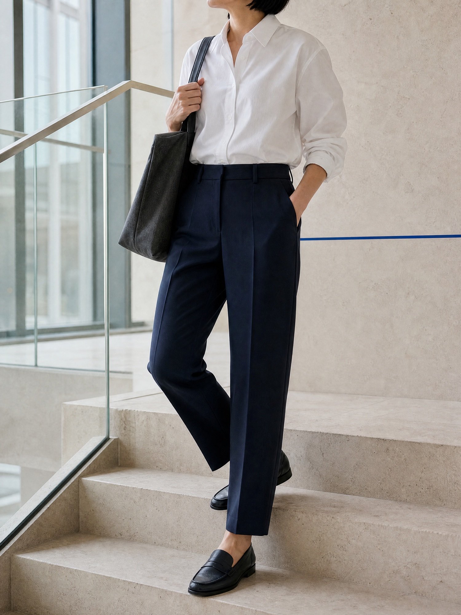 Straight Cropped Trousers in Navy, worn on model