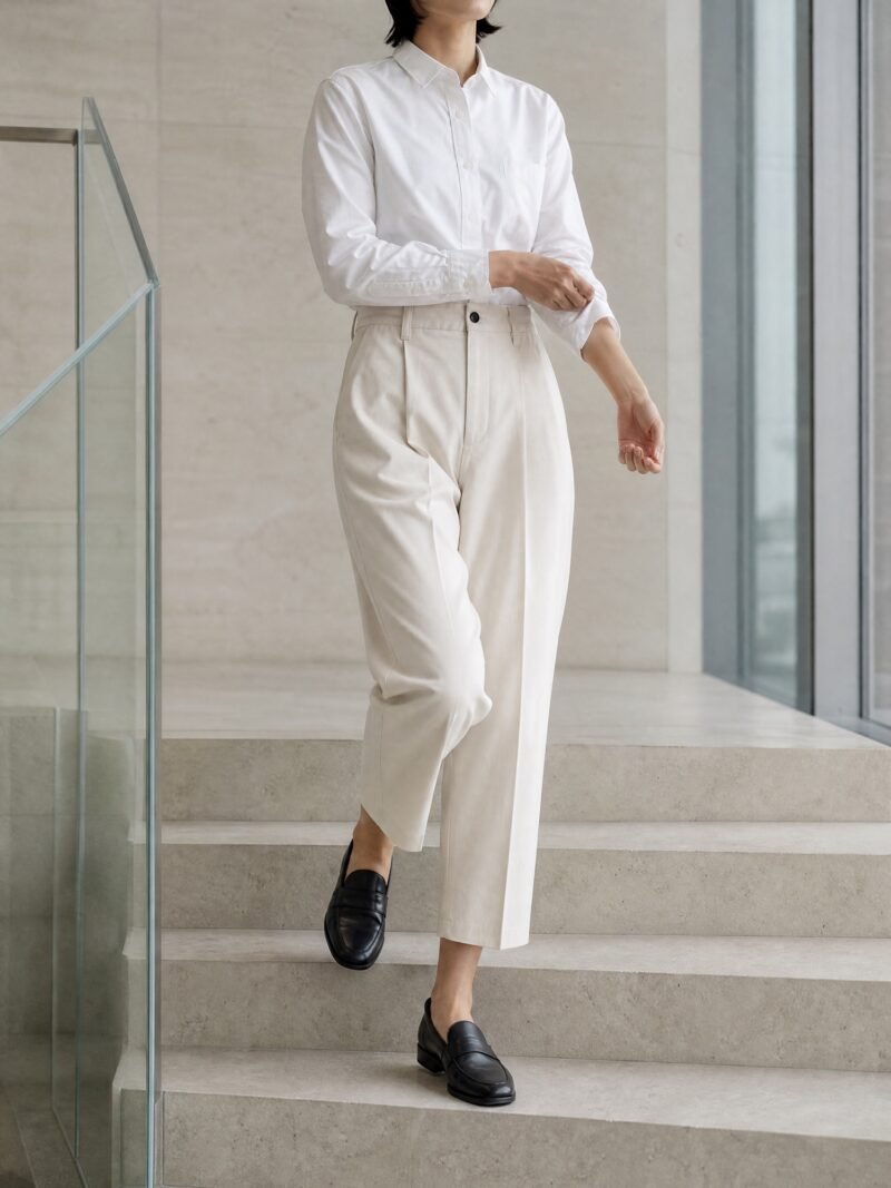 Straight Cropped Trousers in Ecru, worn on model