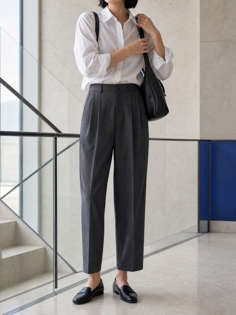 Tapered Ankle Trousers in Charcoal, worn on model
