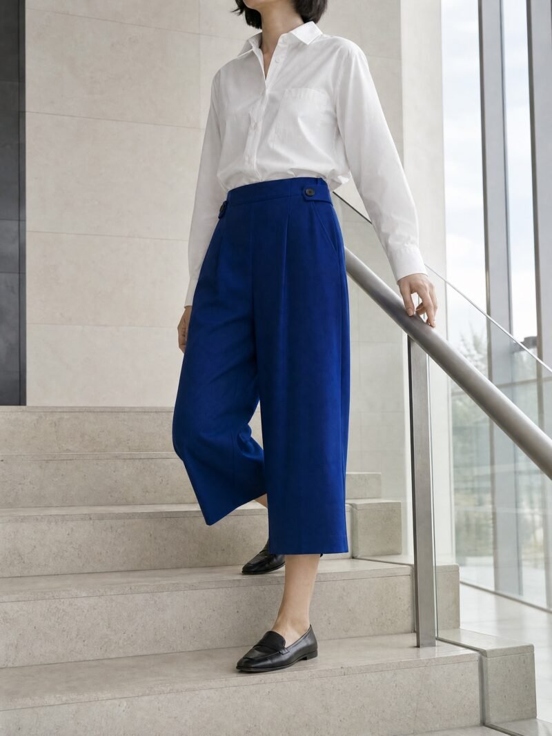Side-Tab Culottes in Cobalt, worn on model