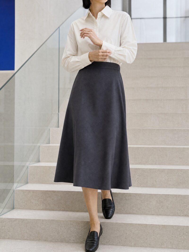 A-Line Crepe Midi Skirt in Charcoal, worn on model