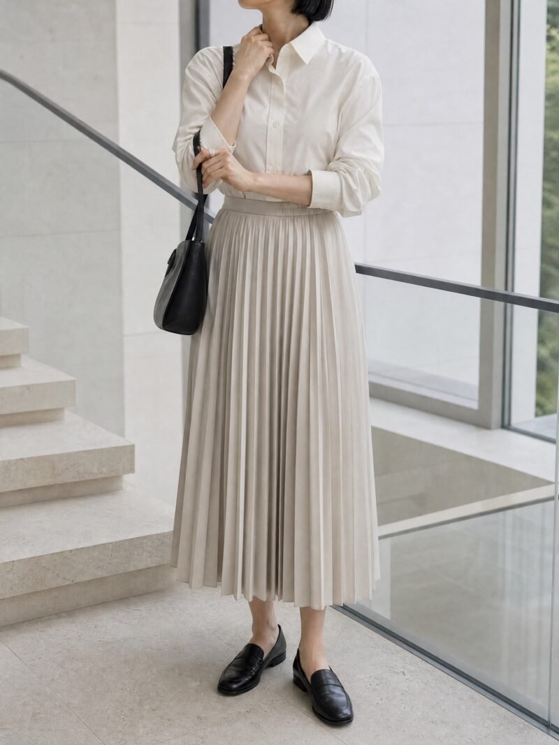 Pleated Midi Skirt in Stone, worn on model