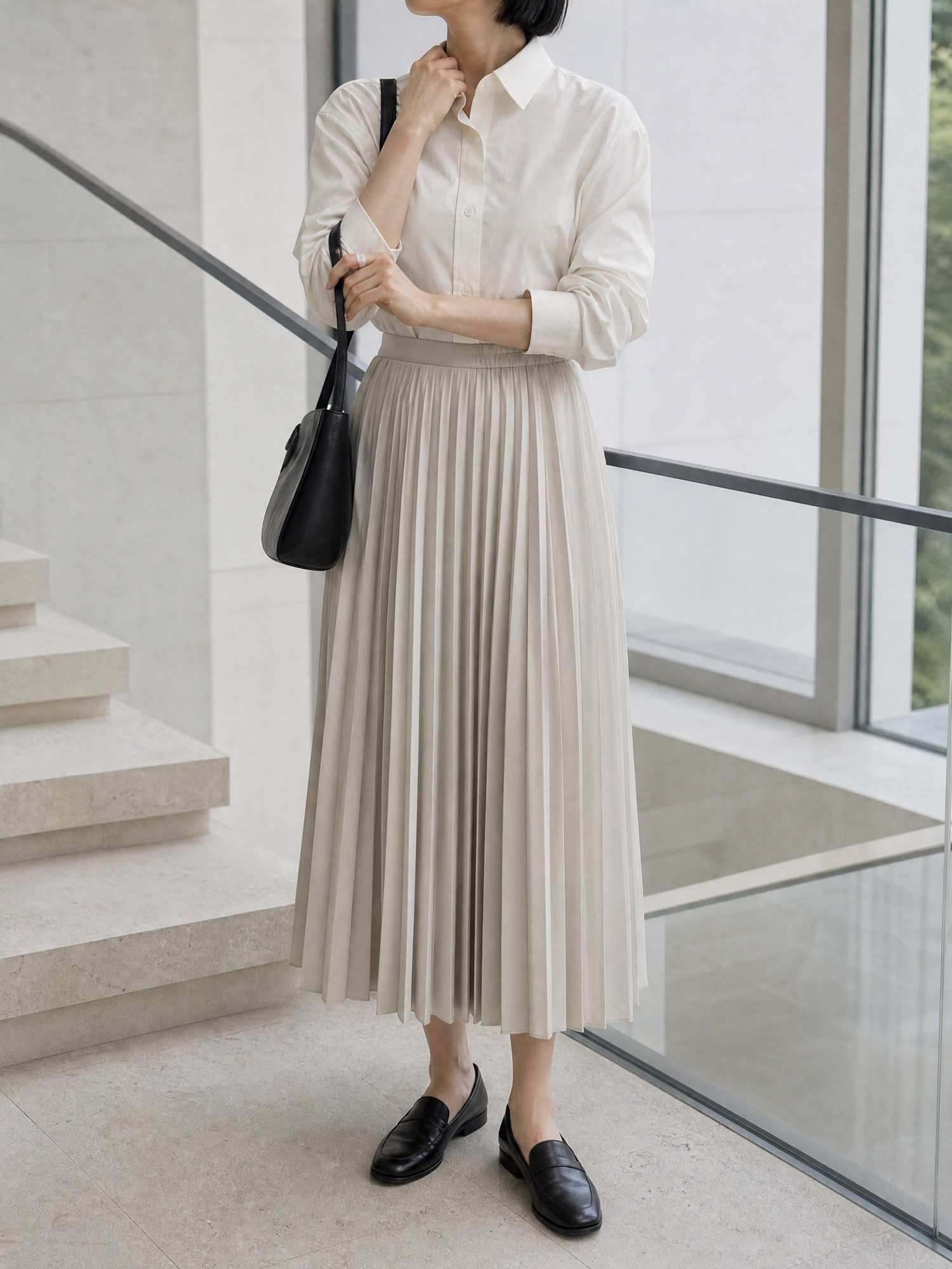 Pleated Midi Skirt in Stone, worn on model