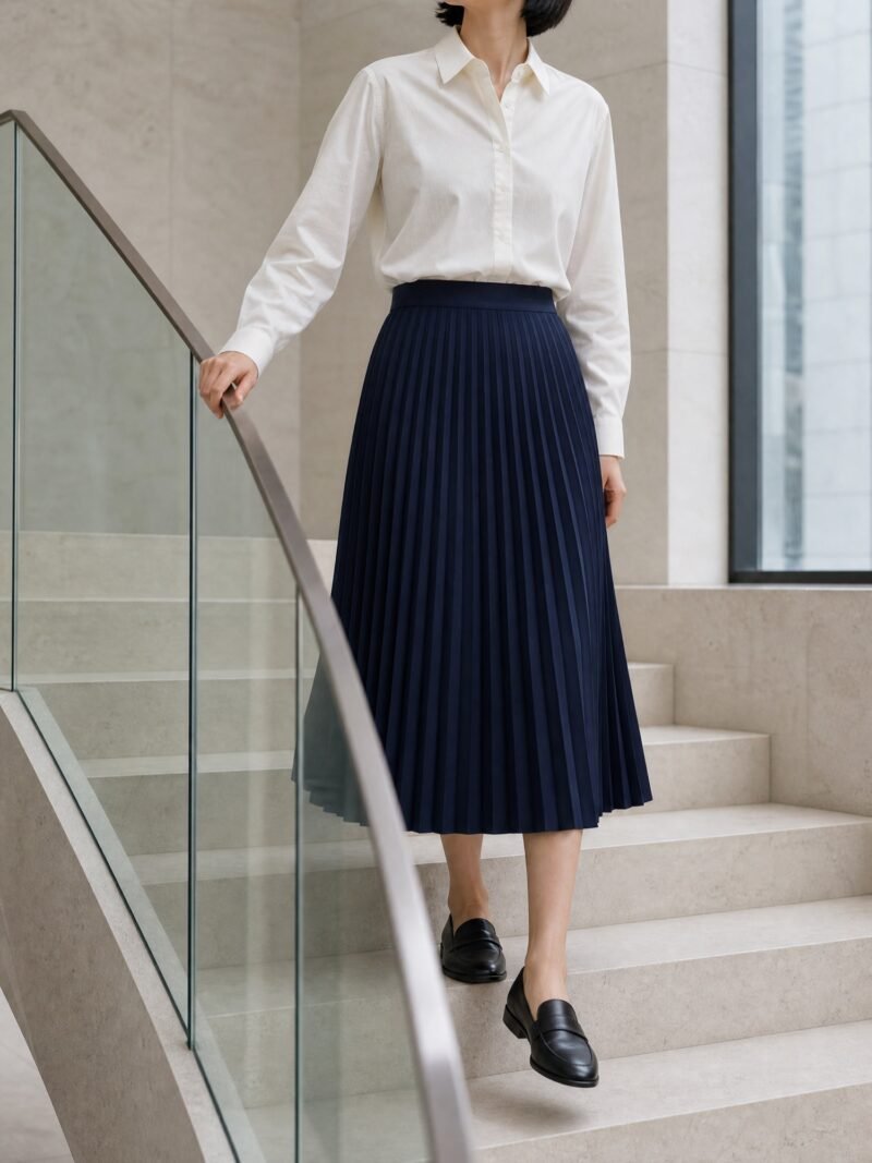 Pleated Midi Skirt in Navy, worn on model