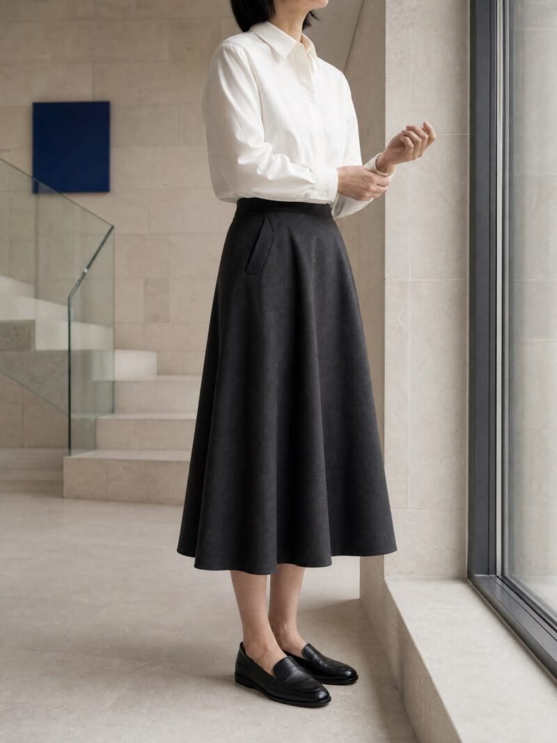 Twill A-Line Midi Skirt in Black, worn on model