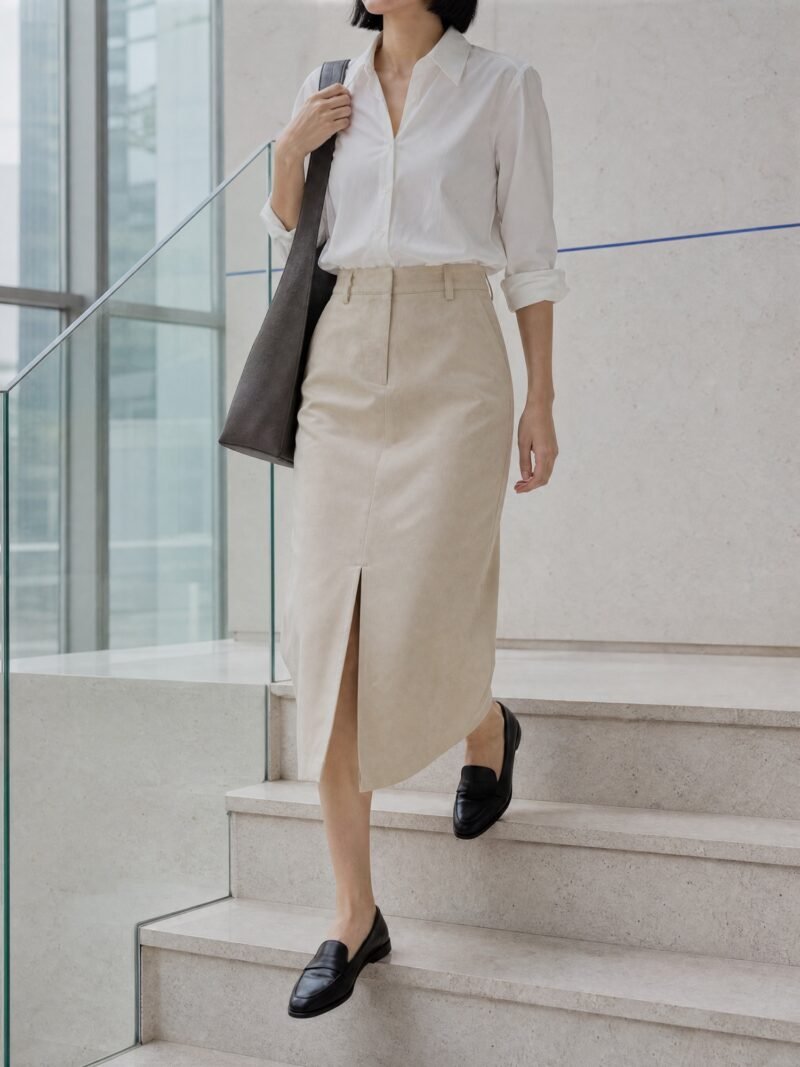 Front-Split Twill Midi Skirt in Oat, worn on model