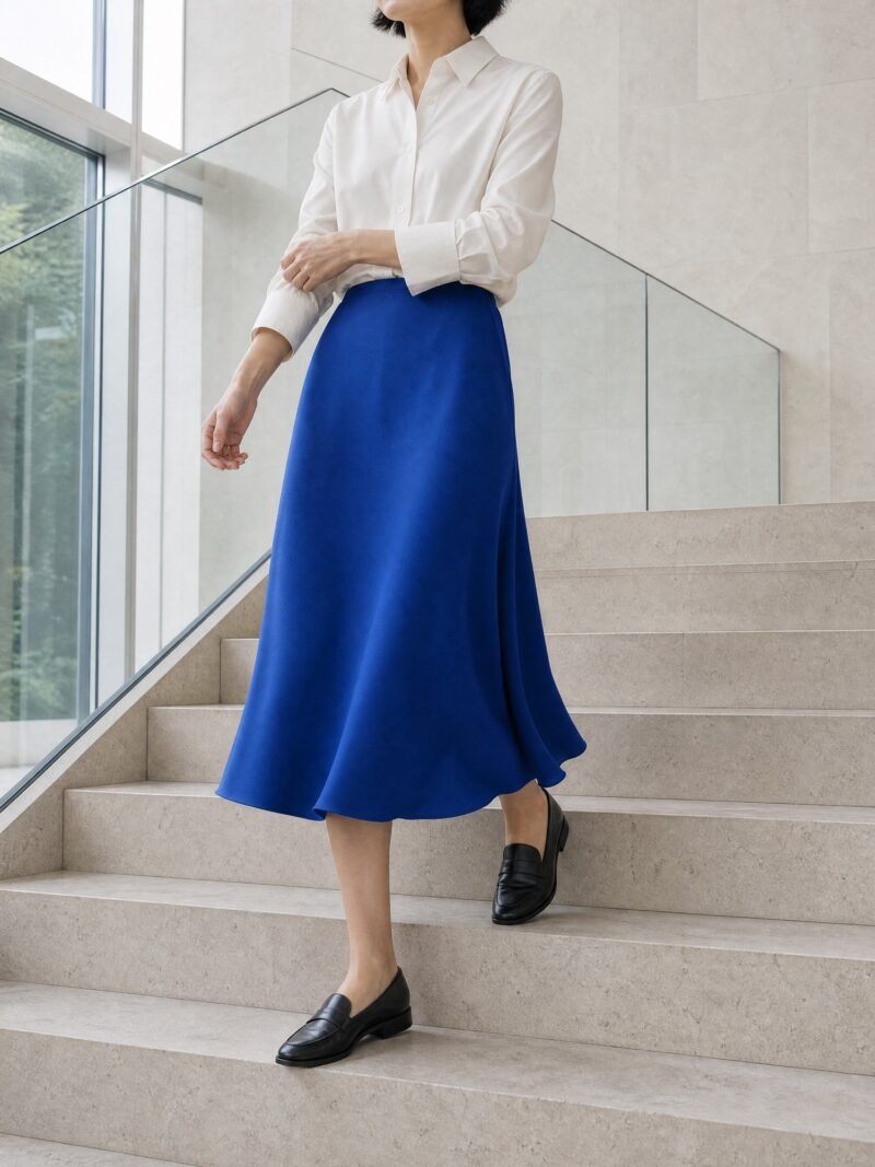 Bias-Cut Crepe Midi Skirt in Cobalt, worn on model