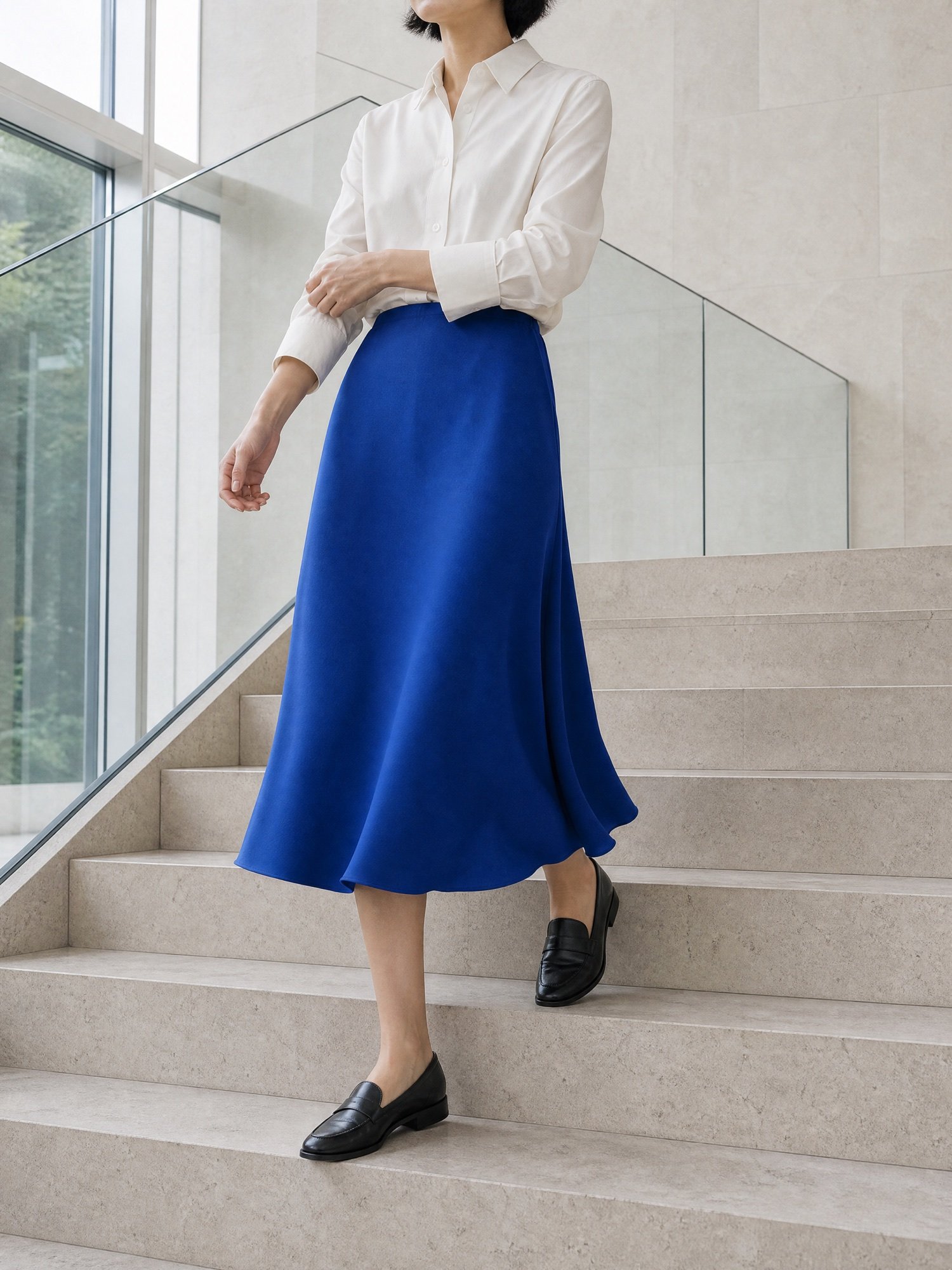 Bias-Cut Crepe Midi Skirt in Cobalt, worn on model