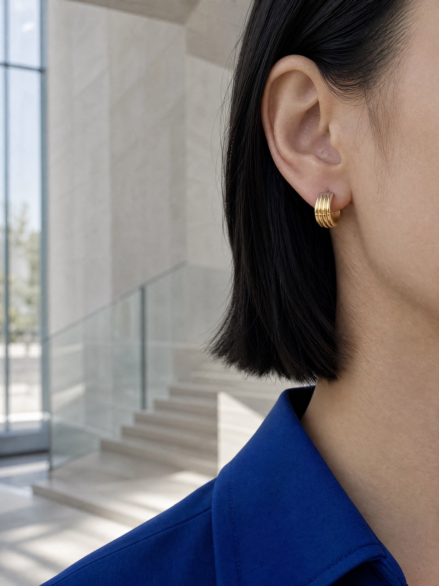 Ribbed Huggie Hoops, Gold-Tone, worn