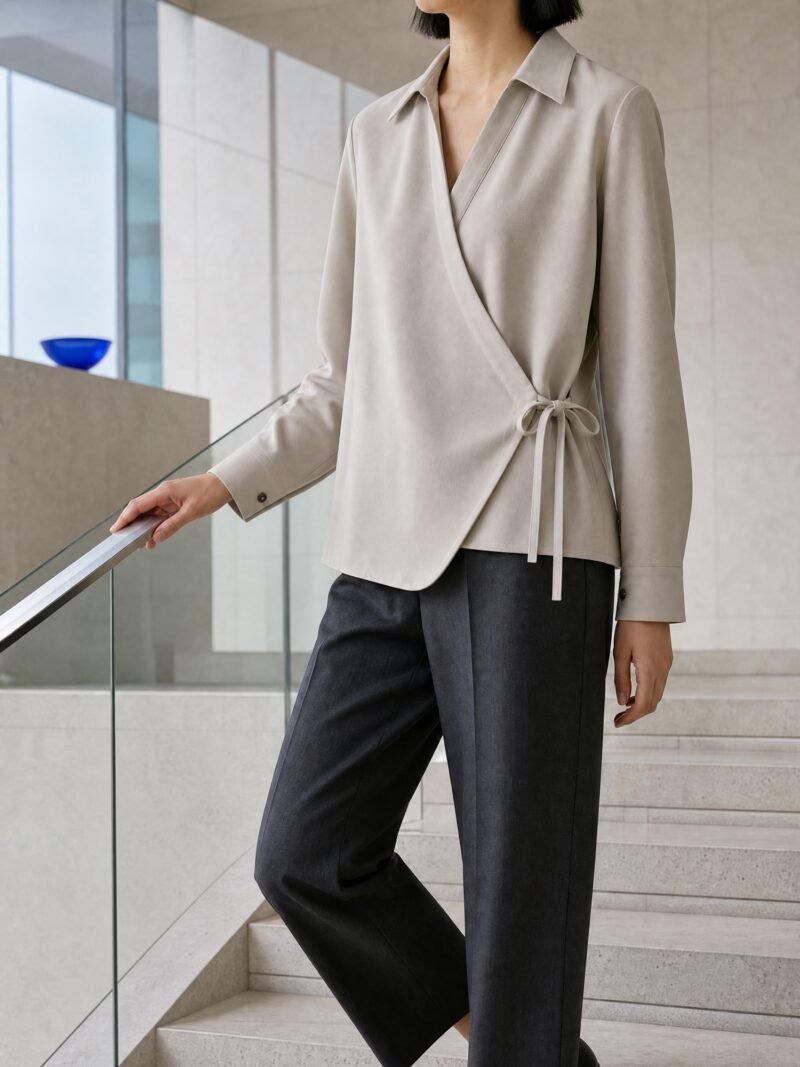 V-Neck Wrap Shirt in Stone, worn on model