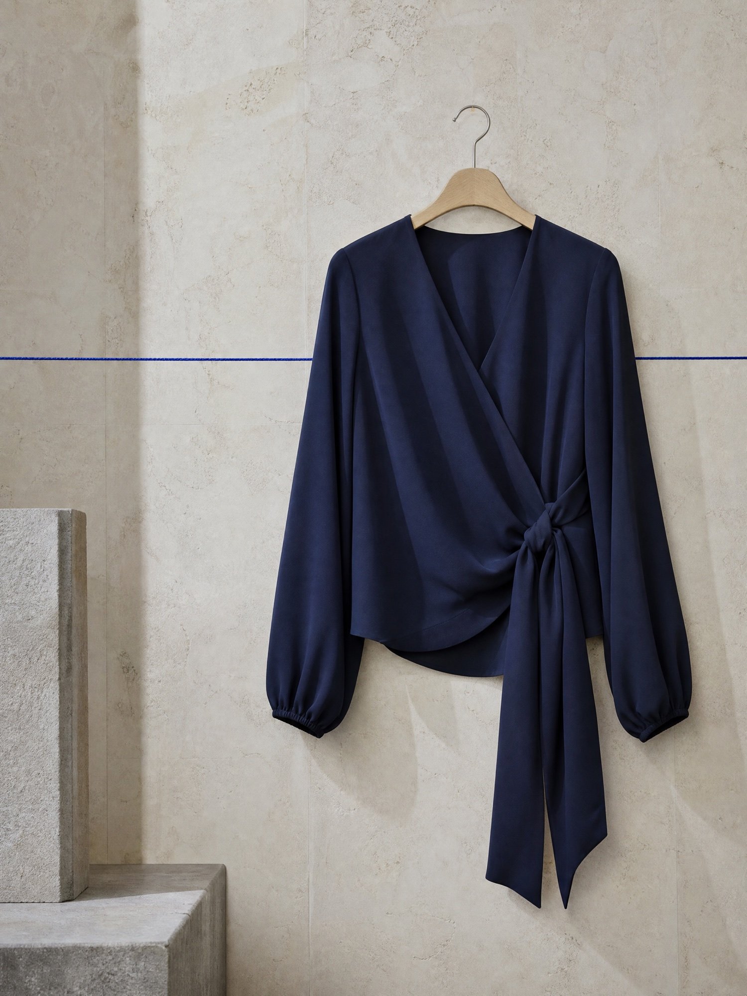 Long-Sleeve Tie Wrap Top in Navy, product photo