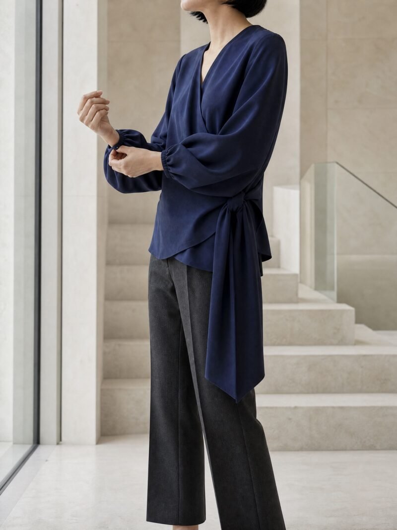 Long-Sleeve Tie Wrap Top in Navy, worn on model