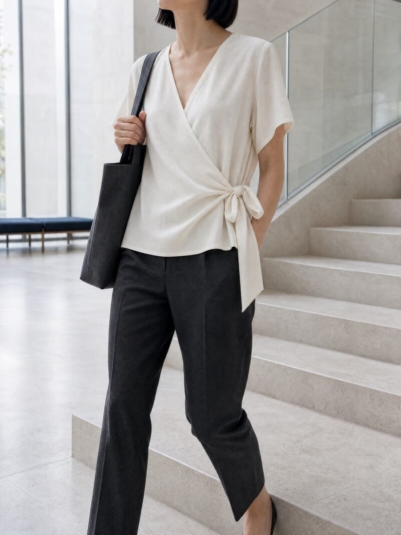 Short-Sleeve Wrap Top in Ivory, worn on model